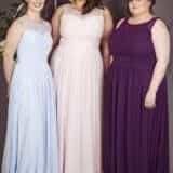 Curvy bridesmaids wearing Kiri dresses in blue, pink and grape