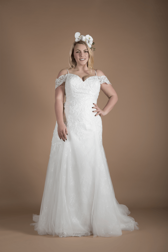 Stevie A-line, off shoulder plus size Wedding Dress by Millie Grace