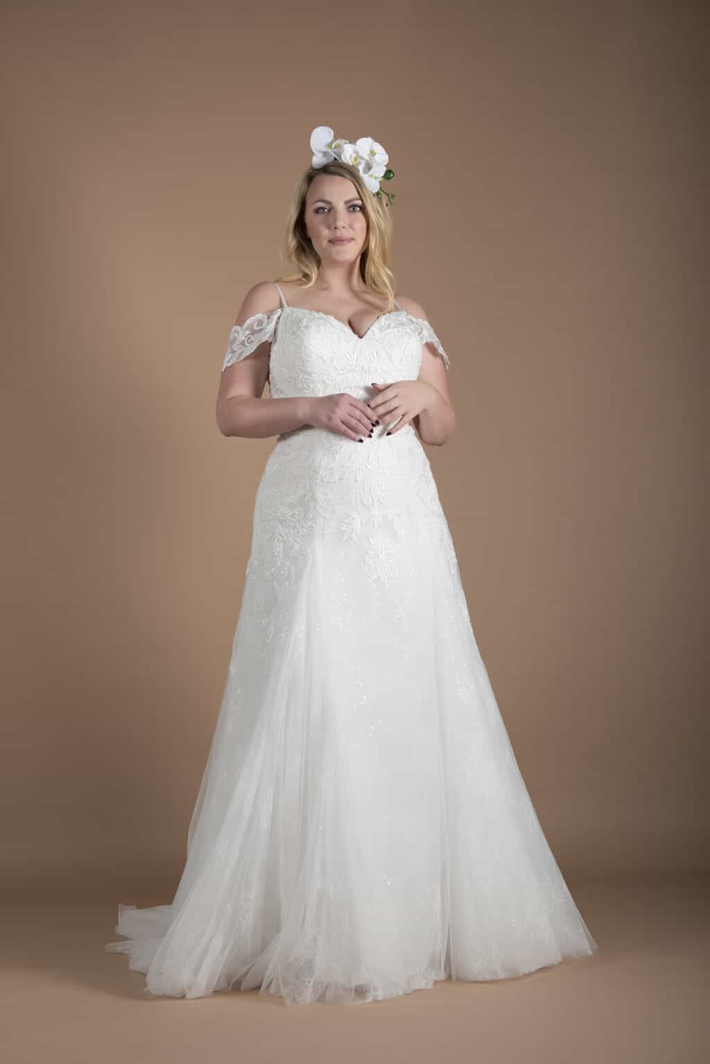 Stevie A-line, off shoulder plus size Wedding Dress by Millie Grace