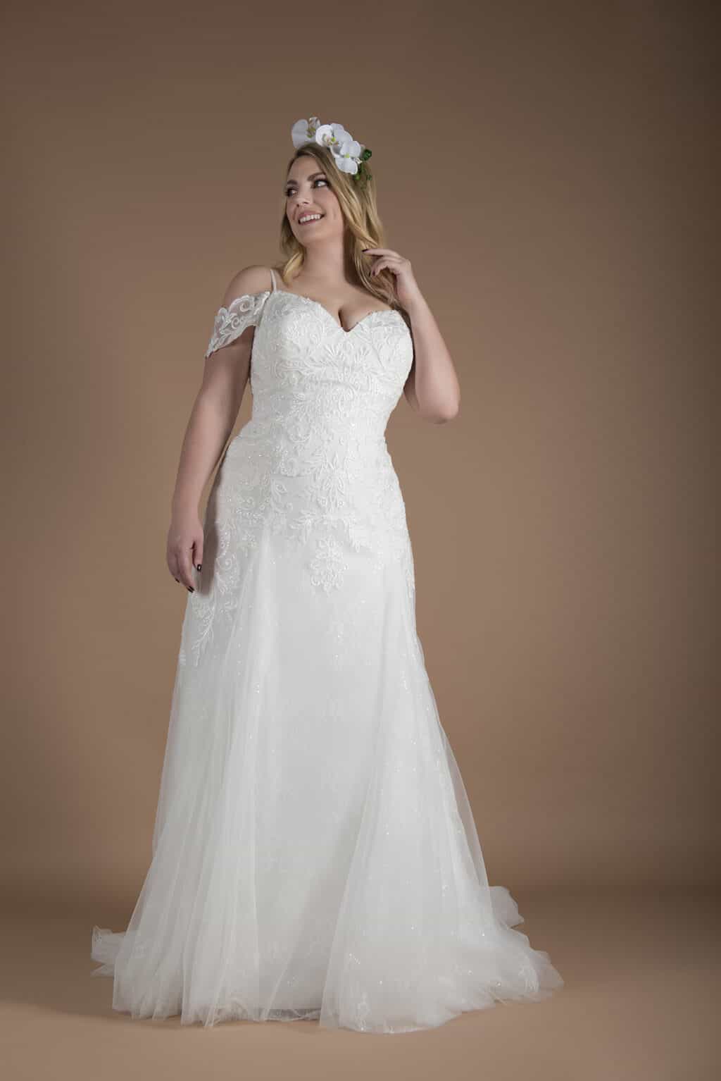 Stevie A-line, off shoulder plus size Wedding Dress by Millie Grace