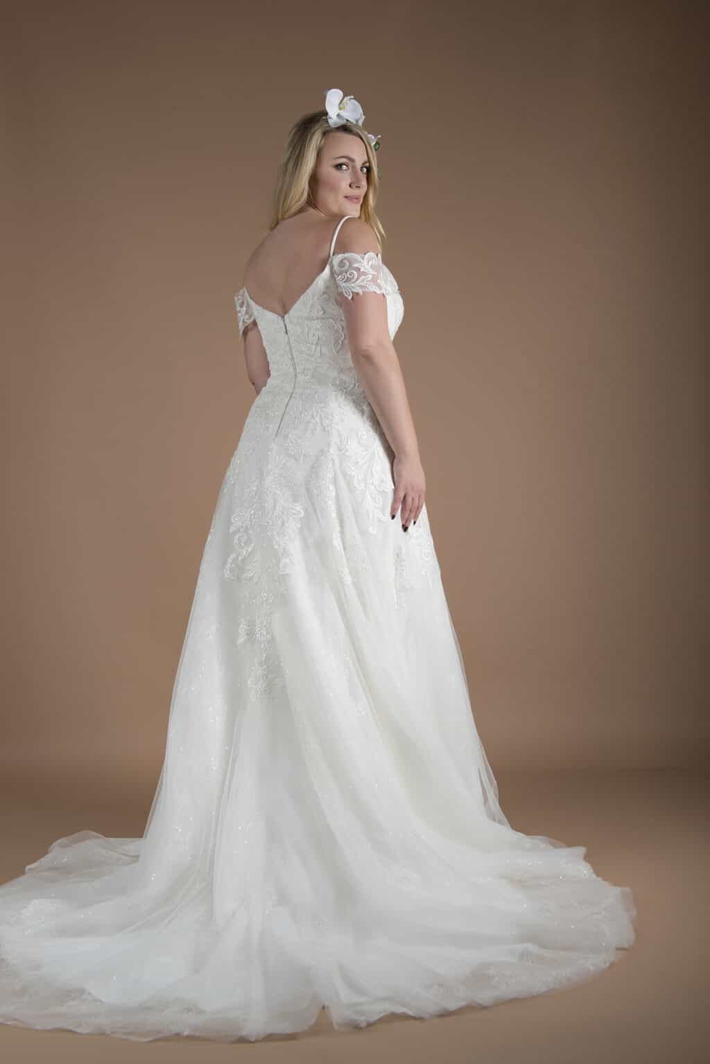 Stevie A-line, off shoulder plus size Wedding Dress by Millie Grace back