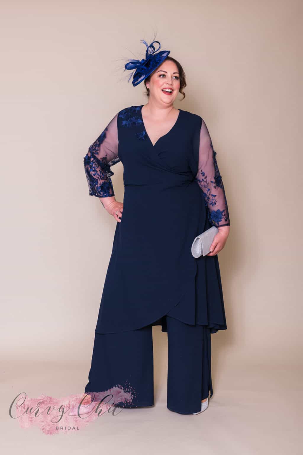 Venice Plus size Mother of the bride groom trouser suit with sleeves trendy Navy