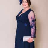 Venice Plus size Mother of the bride groom trouser suit with sleeves trendy lace close up
