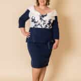 DU4391 Ivory and navy mother of the groom plus size peplum midi dress - front