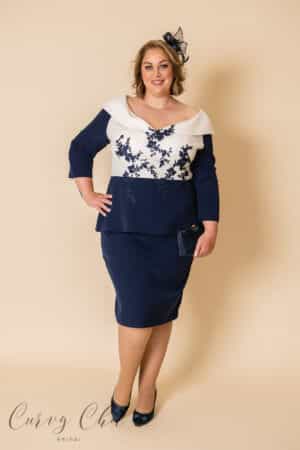 DU4391 Ivory and navy mother of the groom plus size peplum midi dress - front