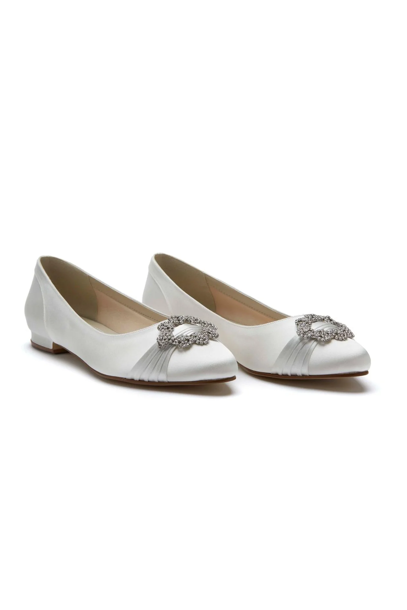 rainbow_club_dulcie_ivory_satin_pair Dulcie Bridal Shows Rainbow Club ivory Slippers flat shoes with diamante brooch on toe