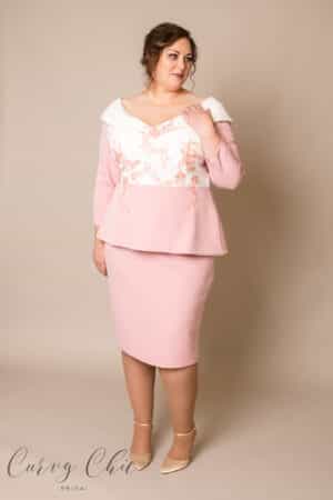 Veromia blush and ivory mother of the bride dress with sleeves, v-neckline, knee length, available at Curvy Chic Bridal Belfast
