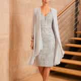 991917 platinum dress and jacket Platinum Mother of the Bride midi dress and jacket set by Veni Infantino in UK size 16