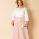 Plus size model wearing Veni Infantino 991930 ivory and vintage rose mother of the bride dress with beaded neckline, Curvy Chic Boutique Belfast