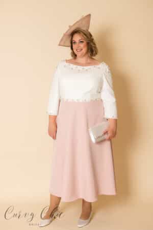 Side angle view of Veni Infantino 991930 ivory and vintage rose A-line plus size mother of the bride dress with beaded waist detail