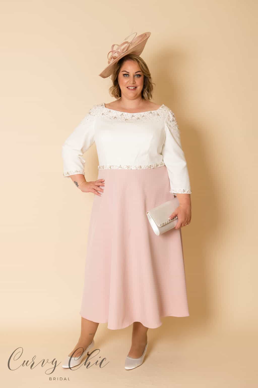 991930-Ivory and Vintage rose plus size mother of the bride groom dress with beading detail-3 Veni Infantino 991930 plus size occasion mother of bride dress ivory and vintage rose, three-quarter sleeve midi length, Curvy Chic Boutique