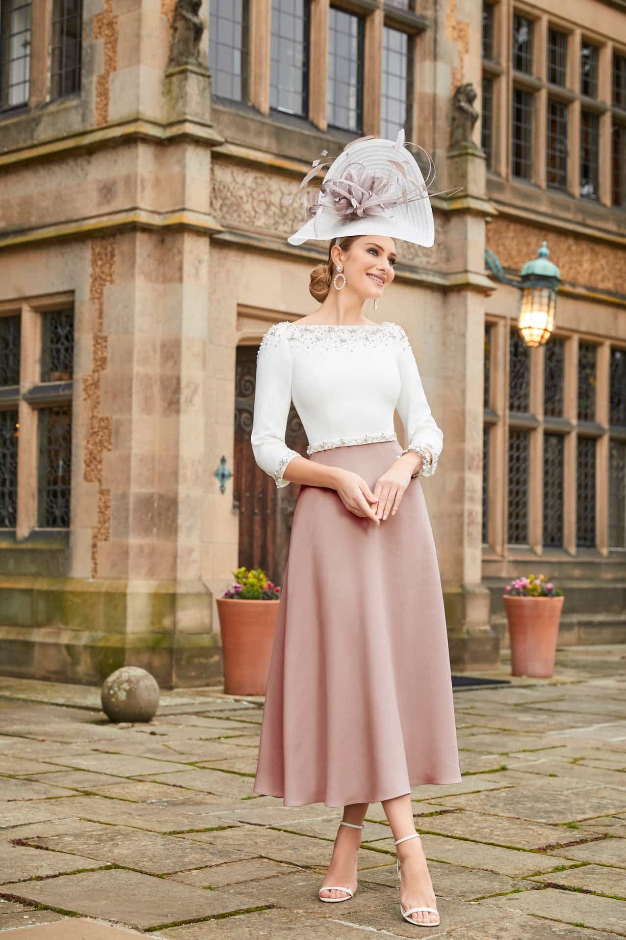 Veni Infantino 991930 vintage rose midi mother of bride dress with ivory beaded bodice worn at a formal wedding venue