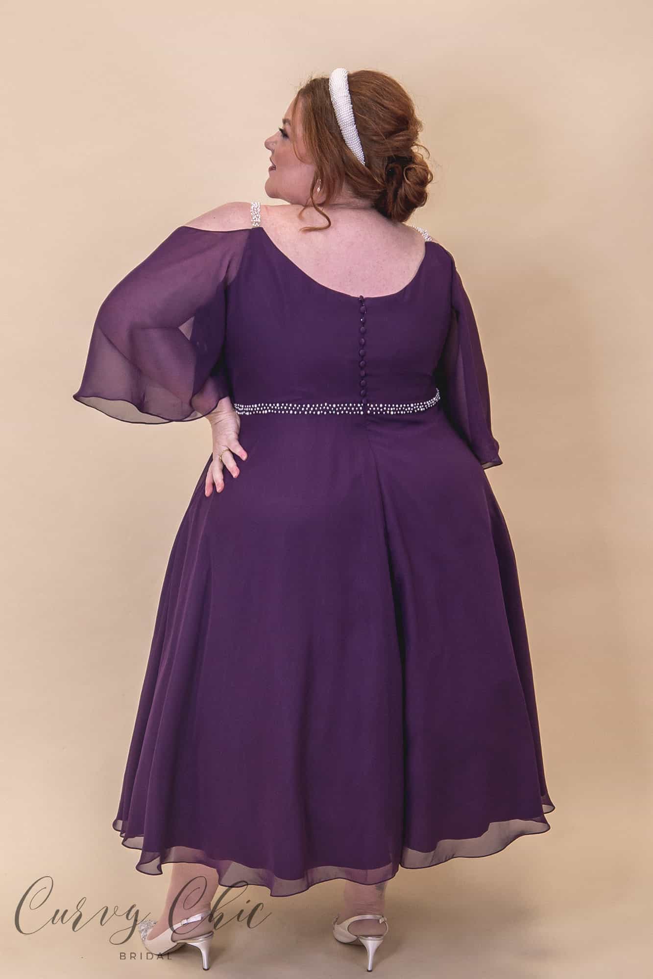 Ellowyn dress-RDAD2060-back Plus size chiffon occasion dress with floaty sleeves and crystal waist detail