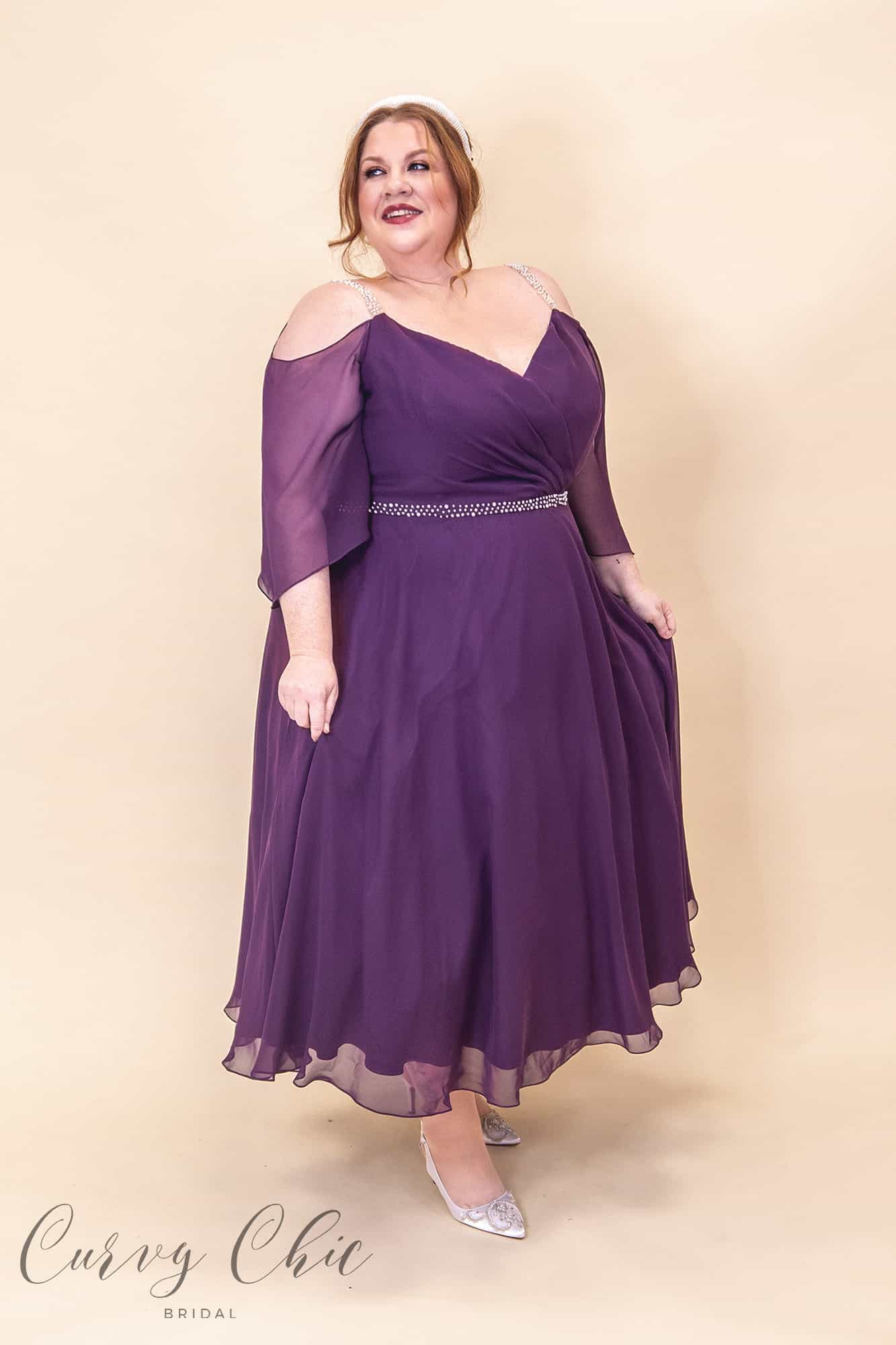 Ellowyn dress-RDAD6020-front Plus size purple chiffon dress with off shoulder sleeves, embellished waist, and flowing skirt