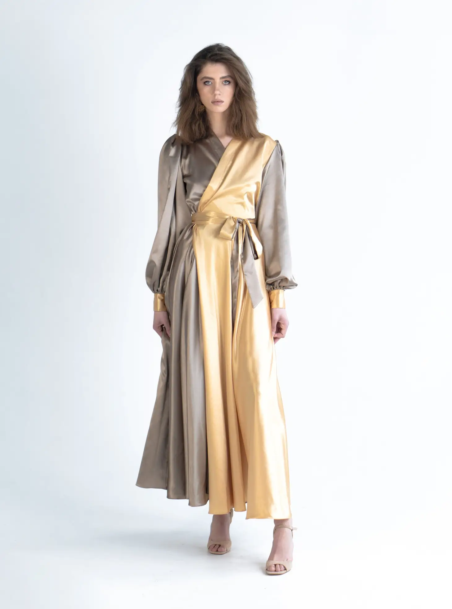 Gold and taupe wrap dress gold