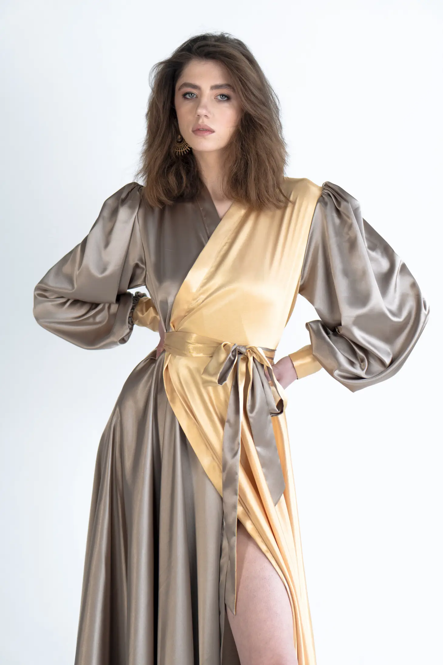 Gold and taupe wrap dress1 Gold and taupe wrap dress1