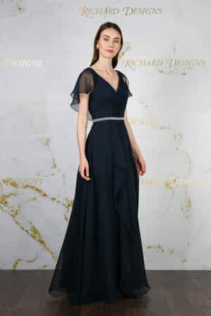 Beaded Chiffon Cape Dress navy