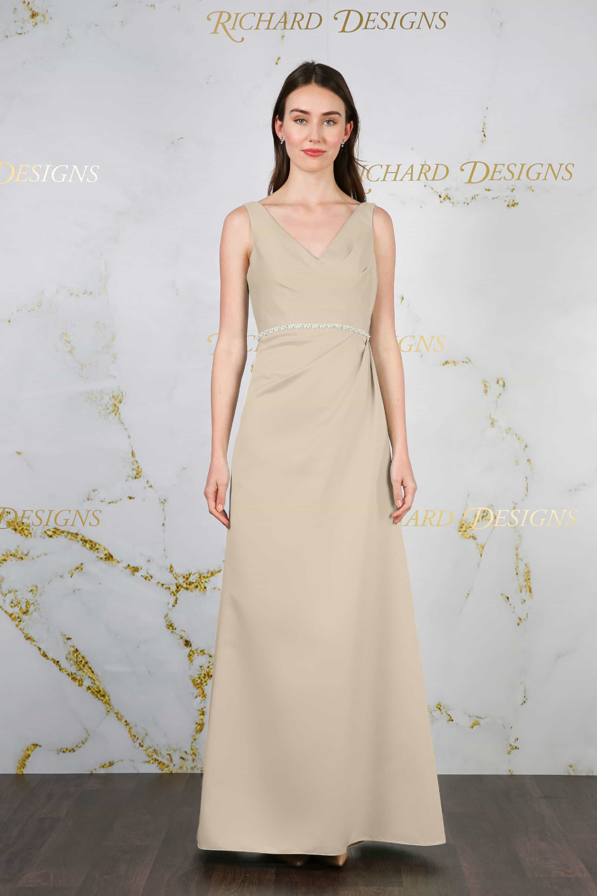 Classic Satin Dress with Pearl Waist Detail latte