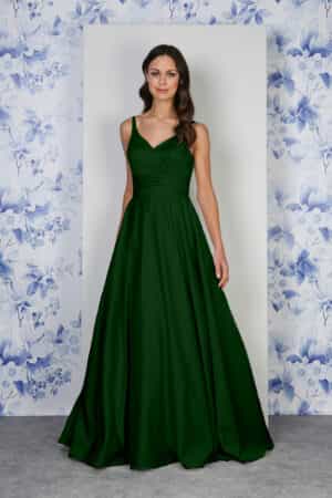Spaghetti Strap Pleated bodice satin ballgown hunter green