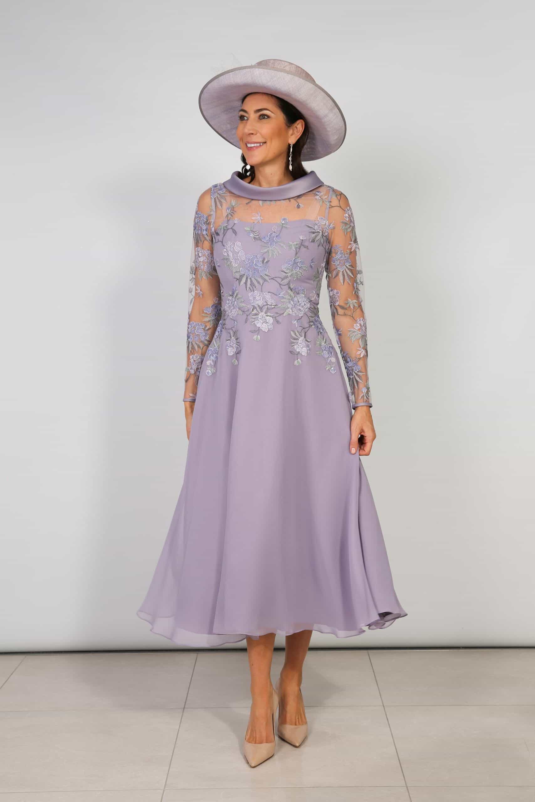 Front view of Richard Designs Encore Dress RDAD1237 in Wisteria with embroidered sheer sleeves and chiffon skirt