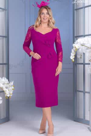 Pink plus size midi dress with beaded bow and lace sleeves