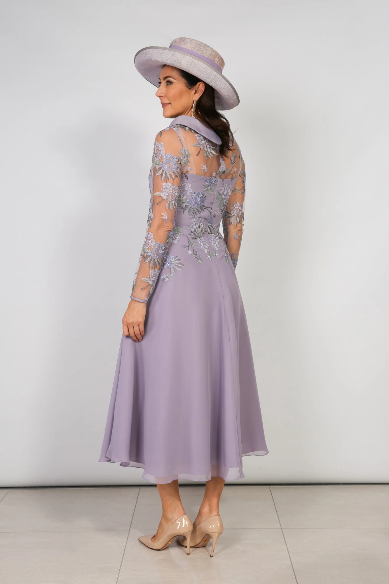 Back view of Richard Designs Encore Dress RDAD1237 in Wisteria showing embroidered back and flowing chiffon skirt
