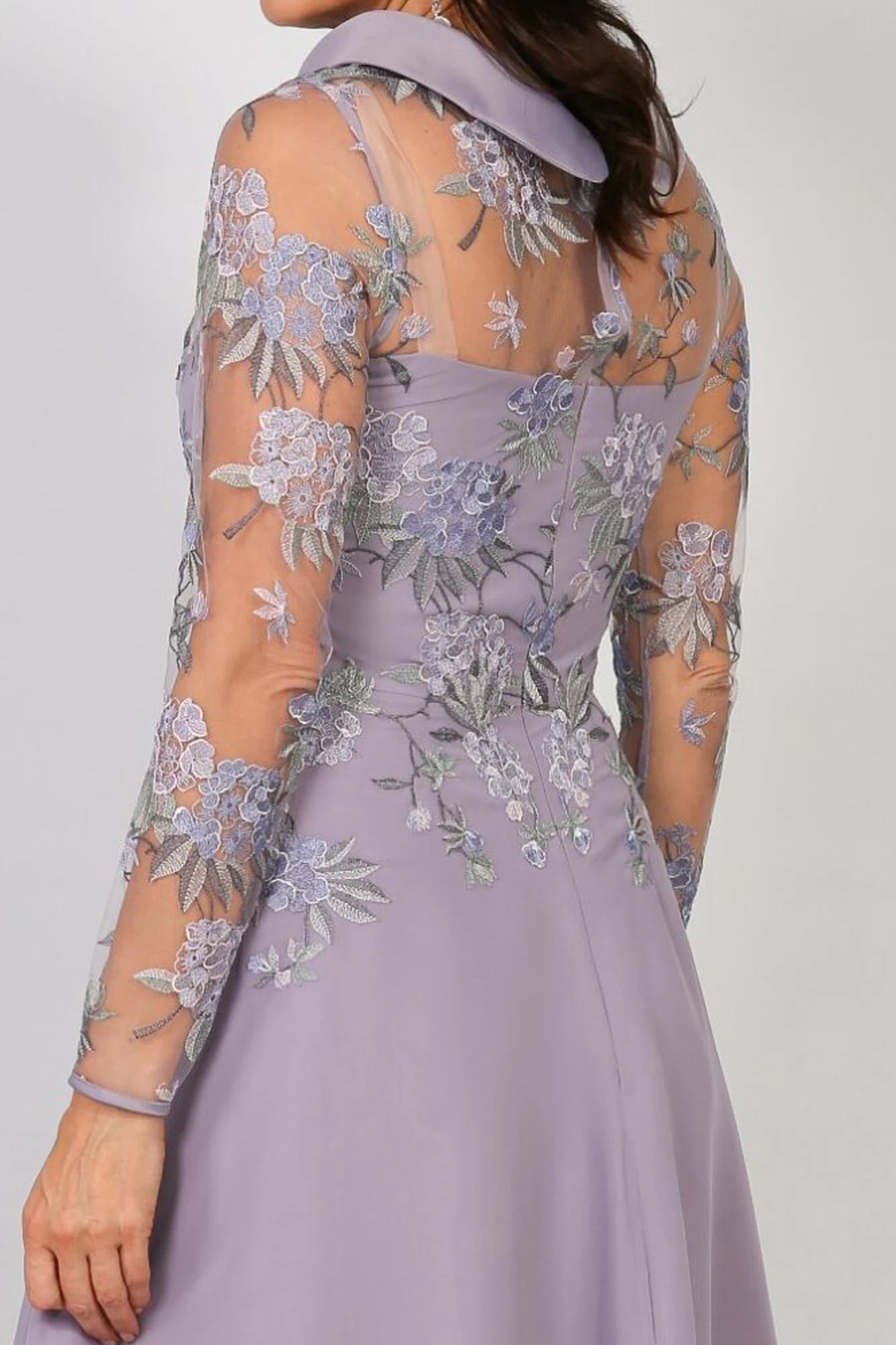 Back close up detail view of Richard Designs Encore Dress RDAD1237 in Wisteria showing embroidered back and flowing chiffon skirt