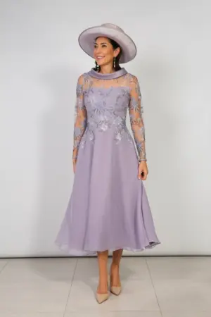 Front view of Richard Designs Encore Dress RDAD1237 in Wisteria with embroidered sheer sleeves and chiffon skirt
