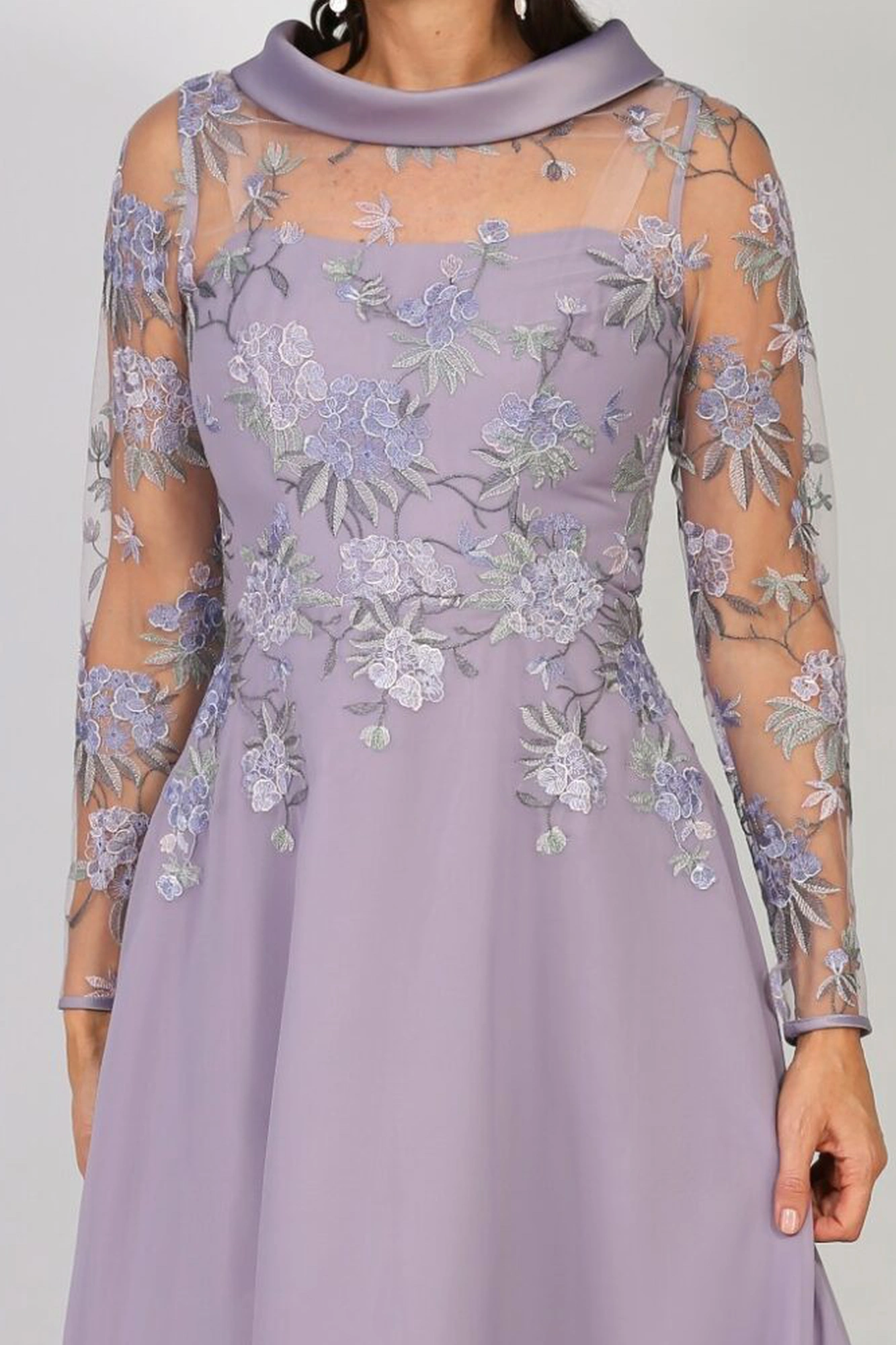 Front close up detail view of Richard Designs Encore Dress RDAD1237 in Wisteria with embroidered sheer sleeves and chiffon skirt