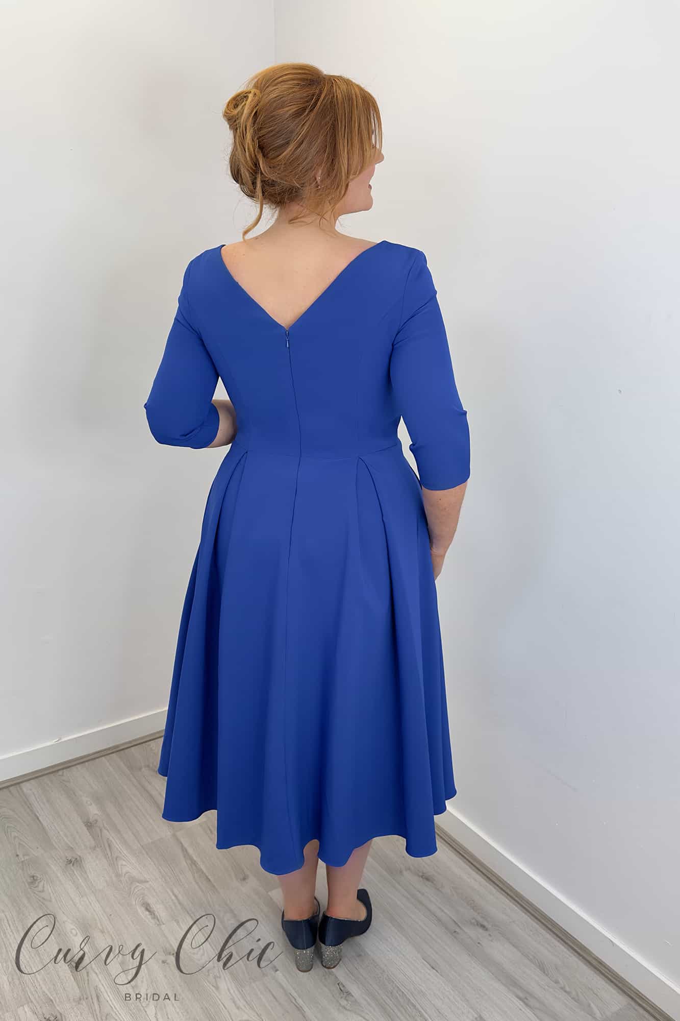 8033L-GINO-Cerutti-Royal-Blue-A-line-Crepe-Midi-Dress-with-Sleeves-+-V-neck- 8033L Royal Blue Gino Cerruti back