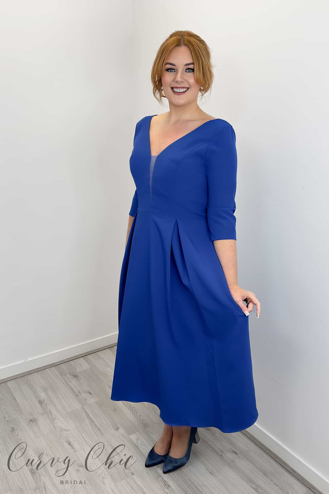 8033L-Royal-Blue-A-line-Crepe-Midi-Dress-with-Sleeves-+-V-neck-Gino-Cerutti-Mother-of-the-Bride-Dress 8033L Royal Blue Gino Cerruti