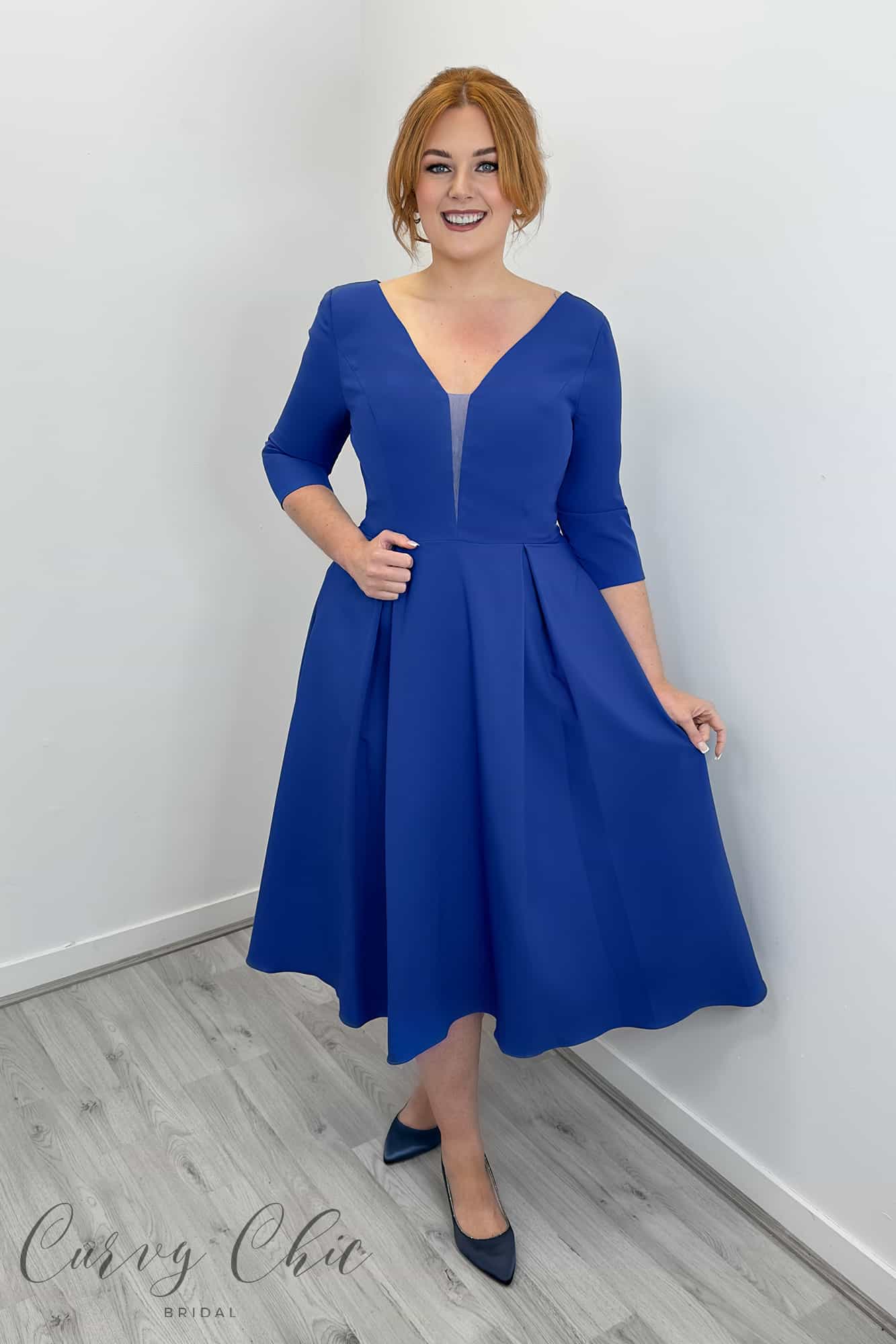 8033L-Royal-Blue-A-line-Crepe-Midi-Dress-with-Sleeves-+-V-neck-Gino-Cerutti 8033L Royal Blue Gino Cerruti