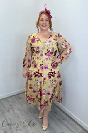 Delilah gold floral georgette occasion dress by Penguin Designs