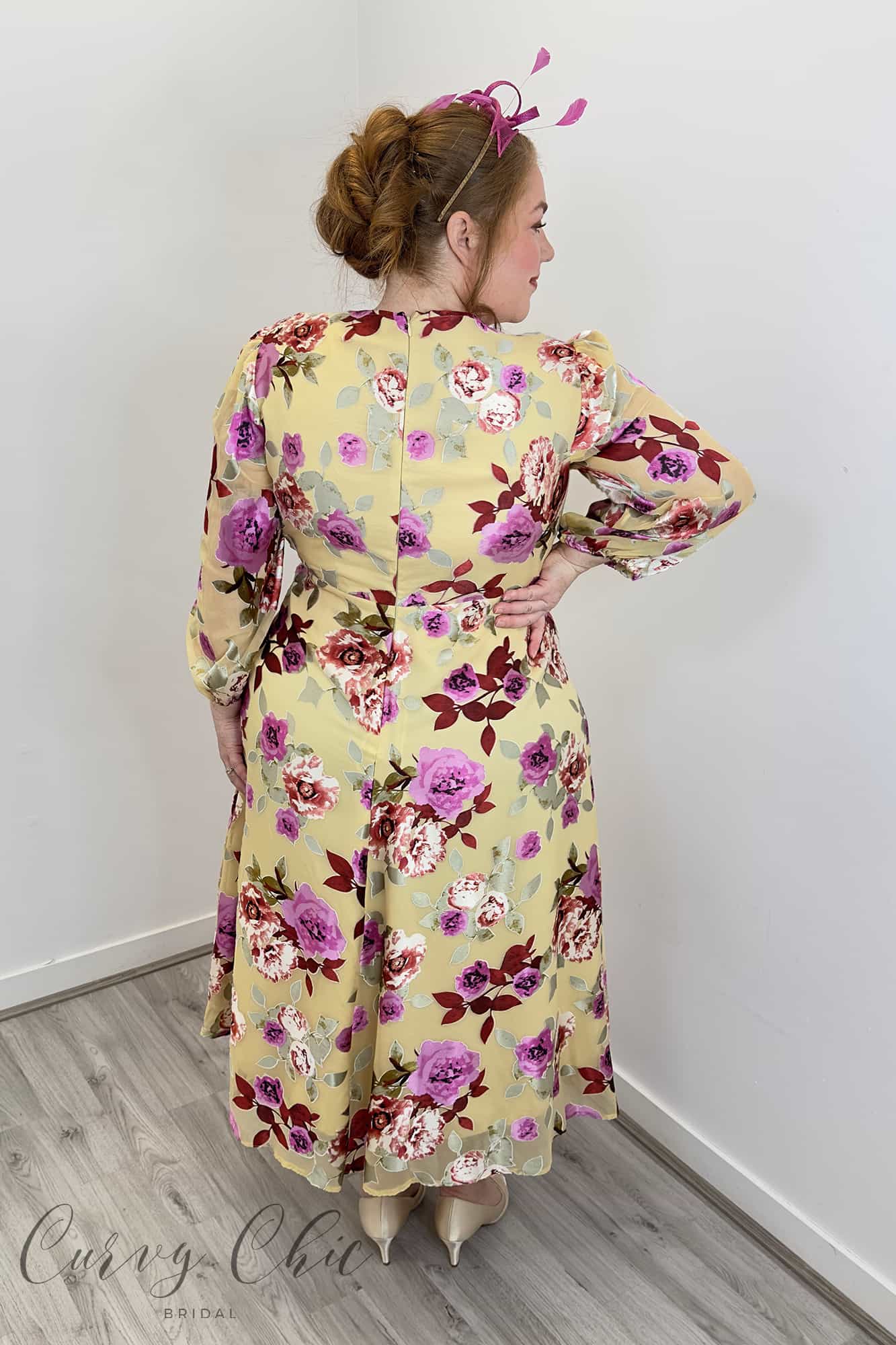 Delilah gold floral georgette occasion dress by Penguin Designs