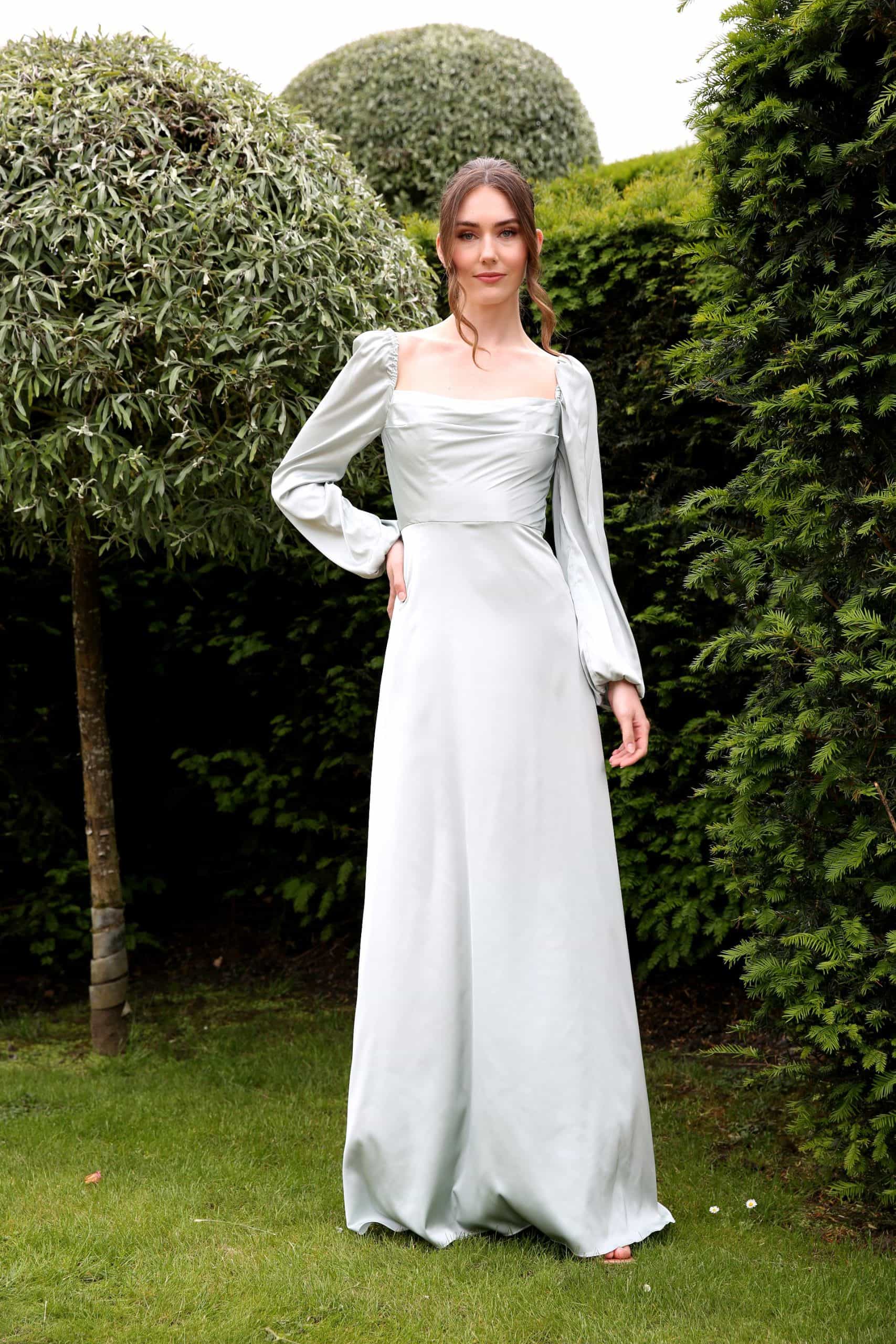 HN4008-Eucalyptus-2-scaled Eucalyptus A-Line Draped Square Neck Long Sleeve Bridesmaids Dress back