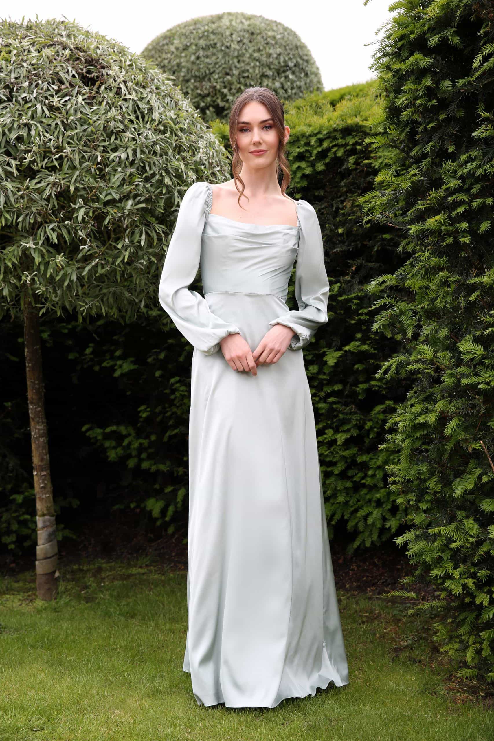 HN4008-Eucalyptus-3-scaled Eucalyptus A-Line Draped Square Neck Long Sleeve Bridesmaids Dress back