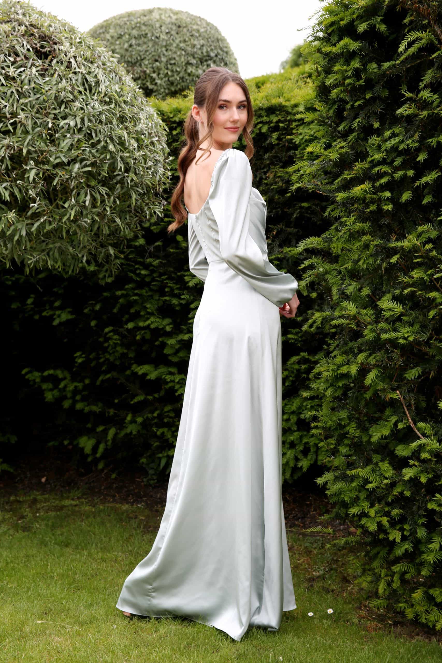 HN4008-Eucalyptus-scaled Eucalyptus A-Line Draped Square Neck Long Sleeve Bridesmaids Dress back