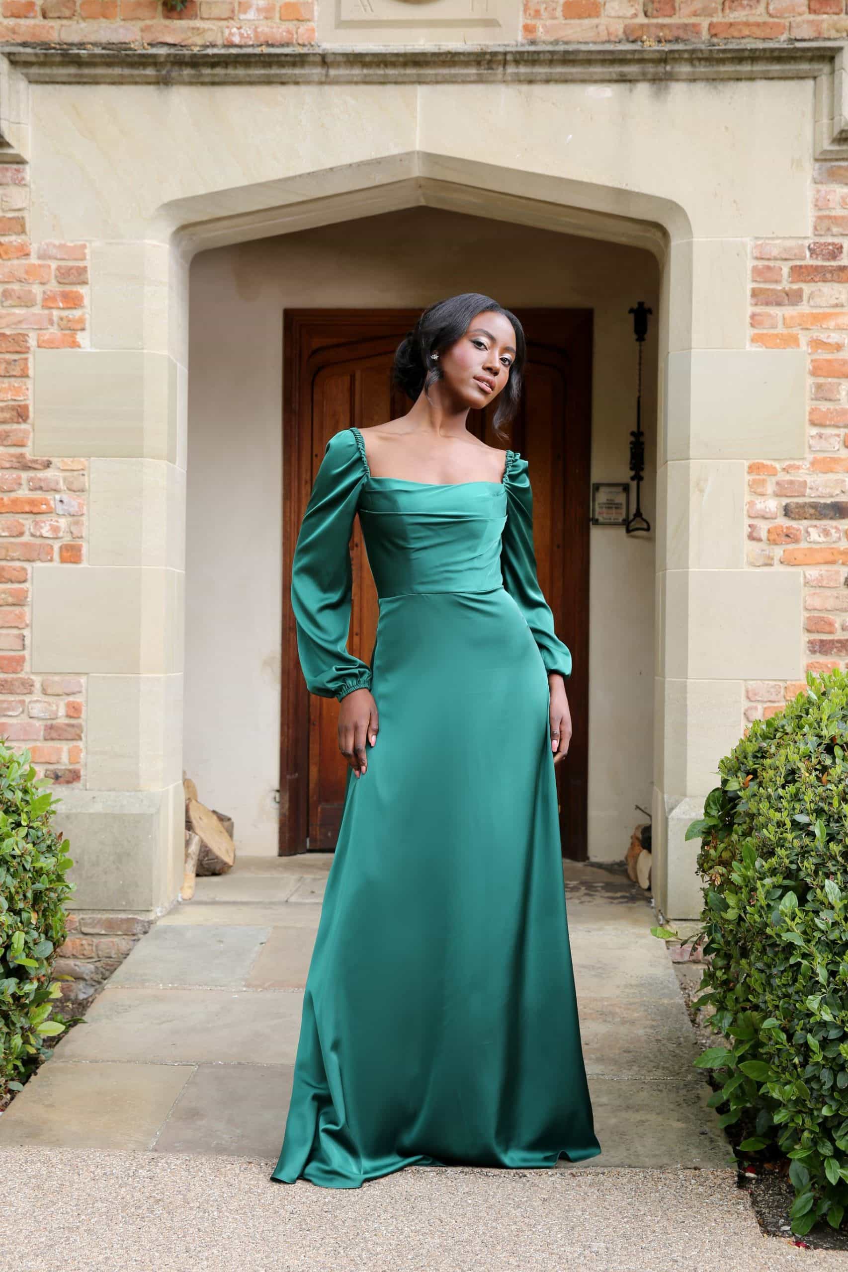 Hunter green A-Line Draped Square Neck Long Sleeve Bridesmaids Dress