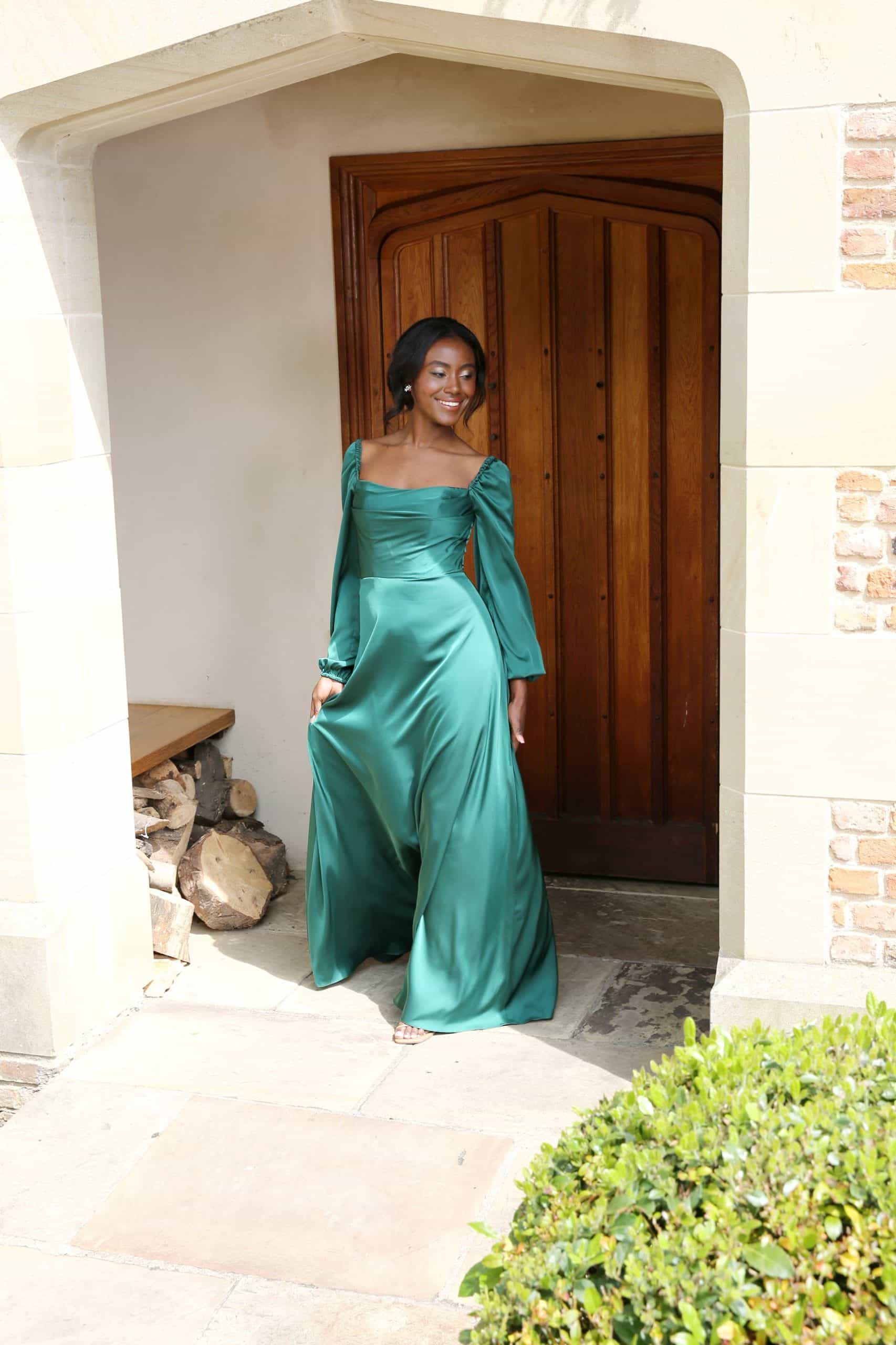 HN4008-Hunter-Green-11-scaled Hunter green A-Line Draped Square Neck Long Sleeve Bridesmaids Dress