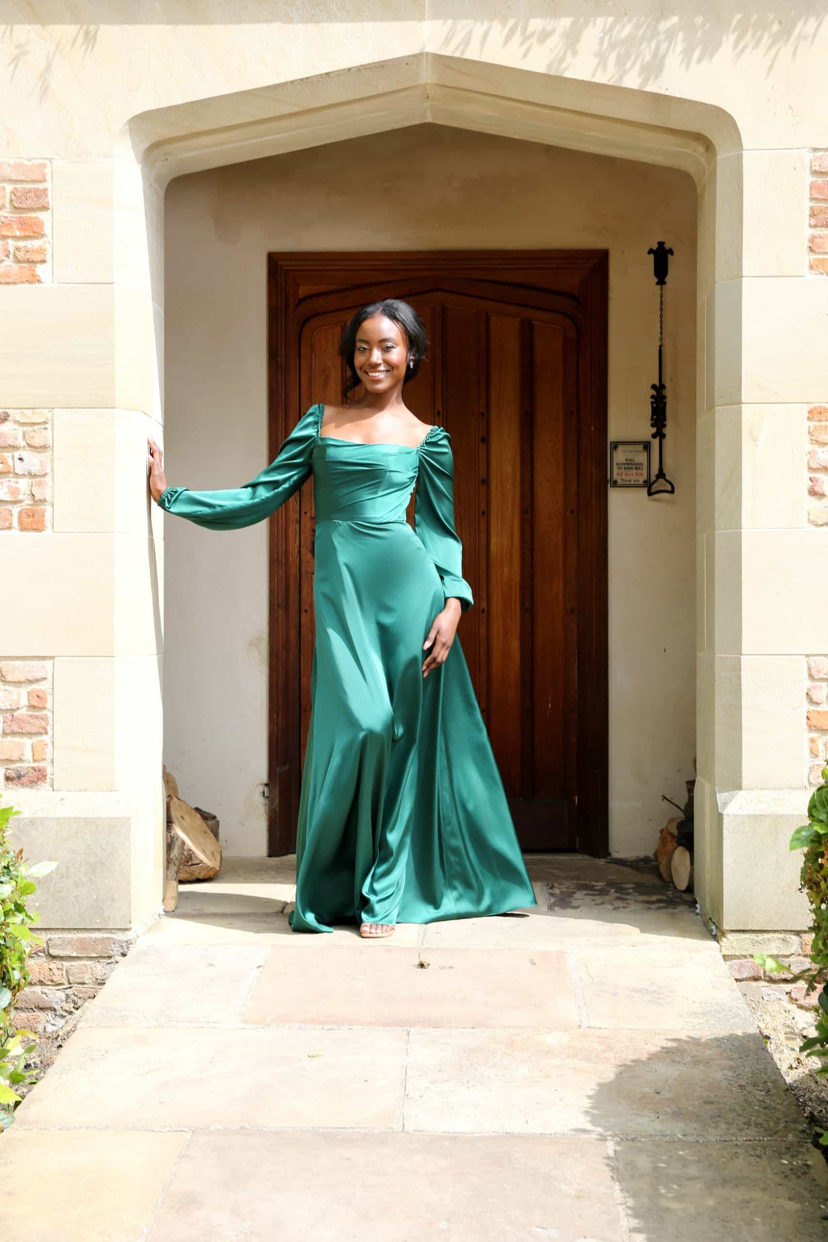 HN4008-Hunter-Green-14-scaled Hunter green A-Line Draped Square Neck Long Sleeve Bridesmaids Dress