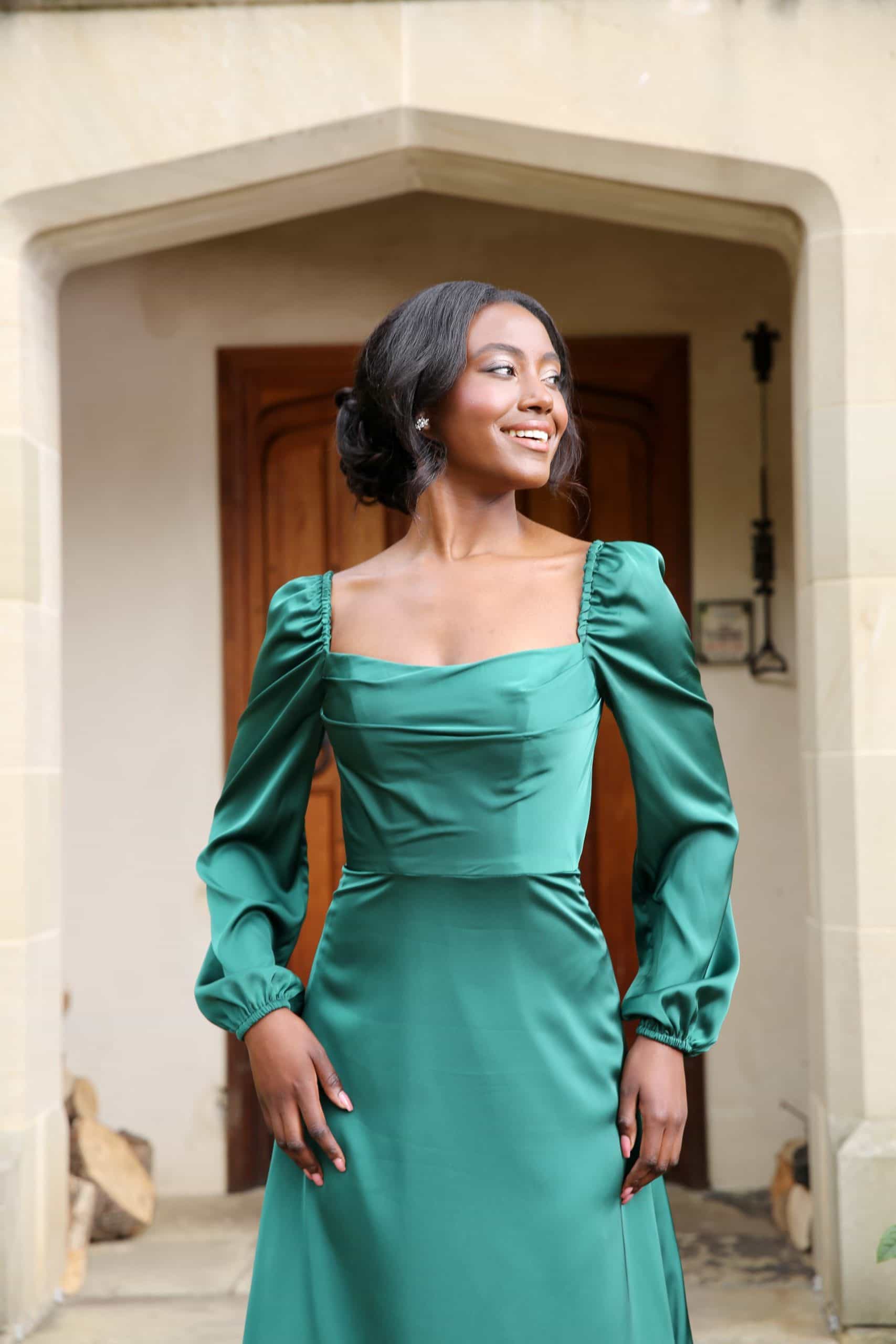 HN4008-Hunter-Green-8-scaled Hunter green A-Line Draped Square Neck Long Sleeve Bridesmaids Dress portrait