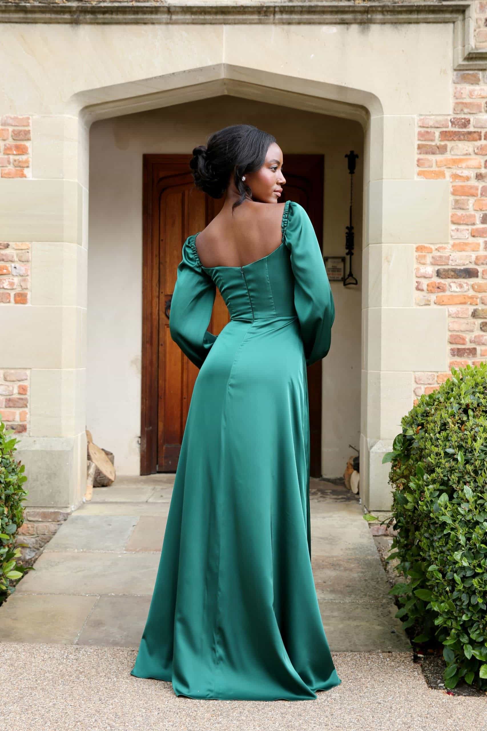 HN4008-Hunter-Green-9-scaled Hunter green A-Line Draped Square Neck Long Sleeve Bridesmaids Dress back