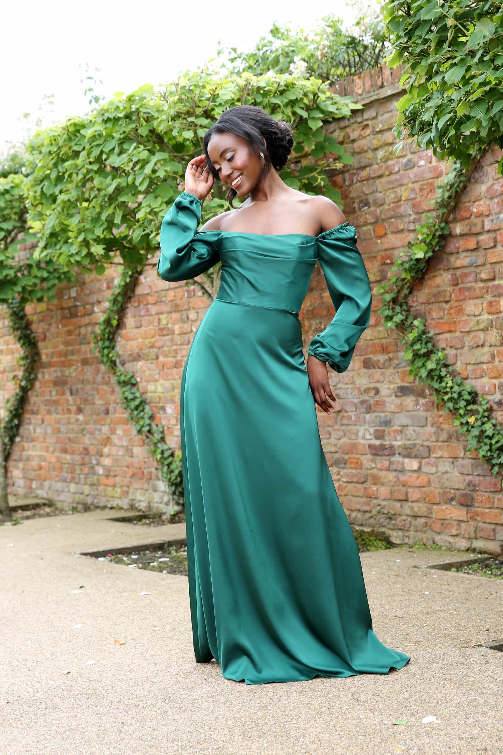 HN4008-HunterGreen Hunter green A-Line Draped Square Neck Long Sleeve Bridesmaids Dress