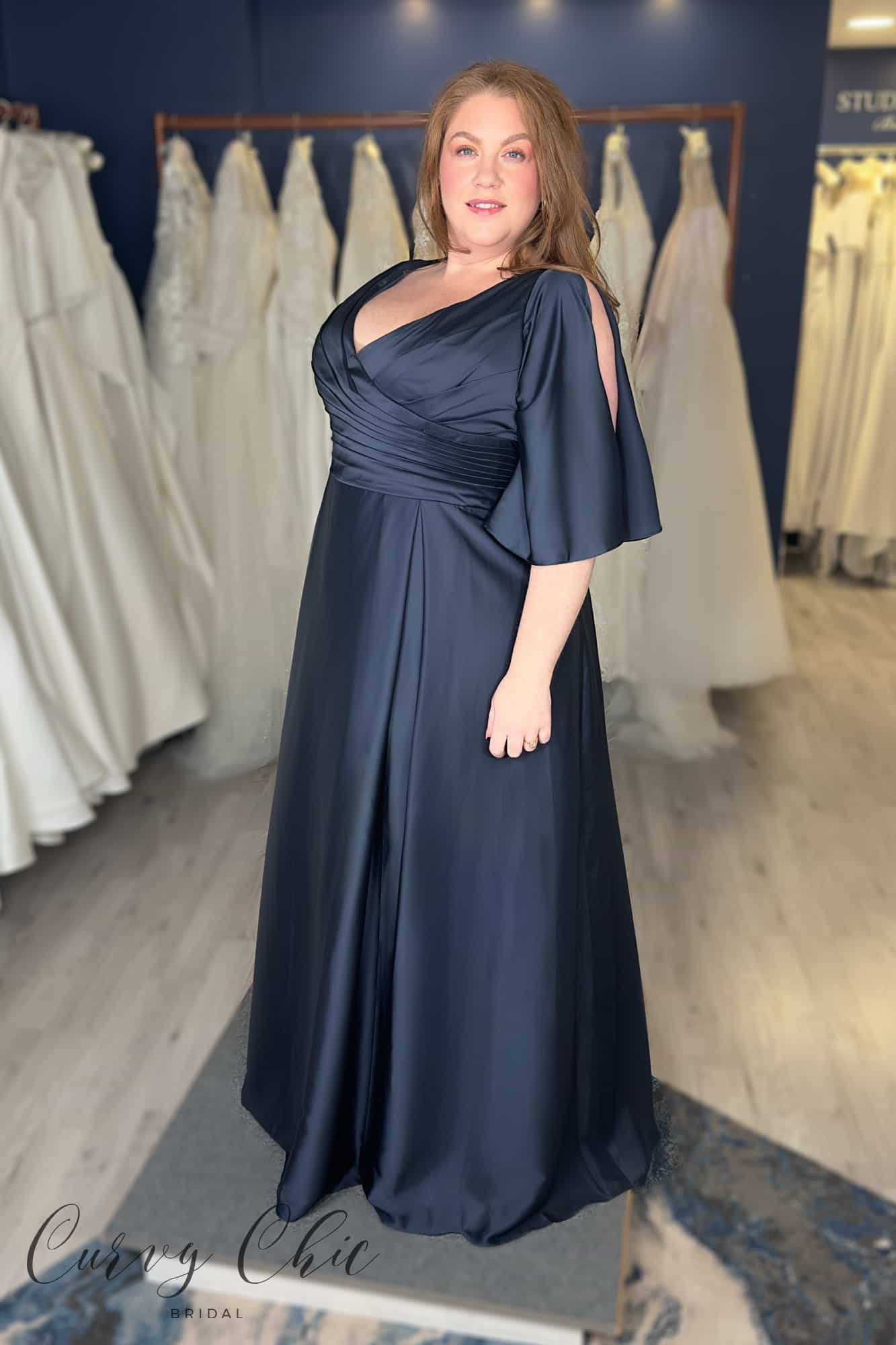 Navy-Front-V-Neck-Flared-Sleeve-Box-Pleated-A-Line-Dress