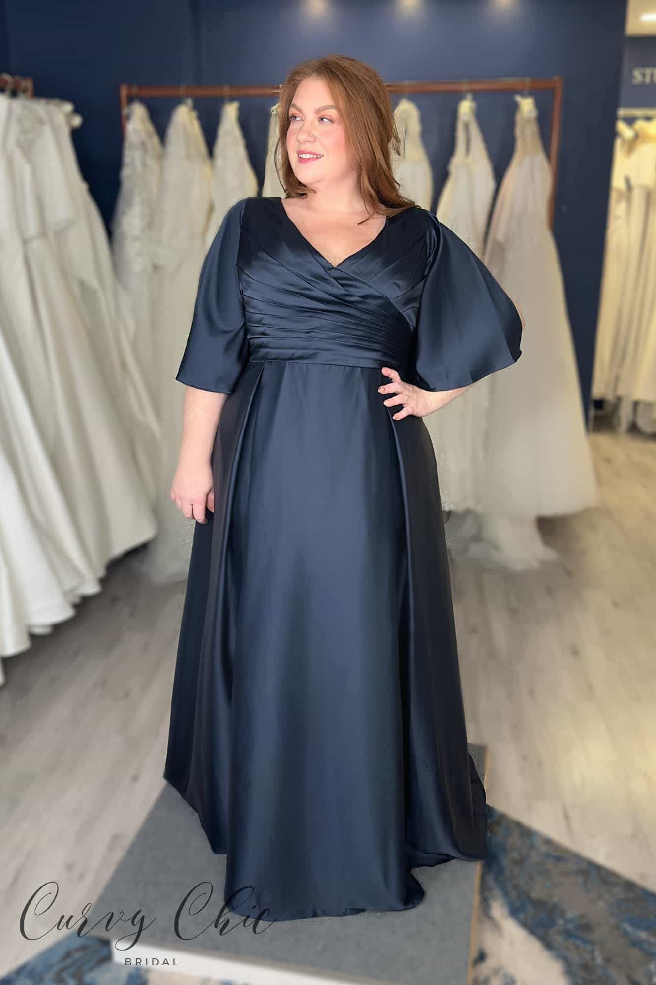 Navy-V-Neck-Flared-Sleeve-Box-Pleated-A-Line-Dress