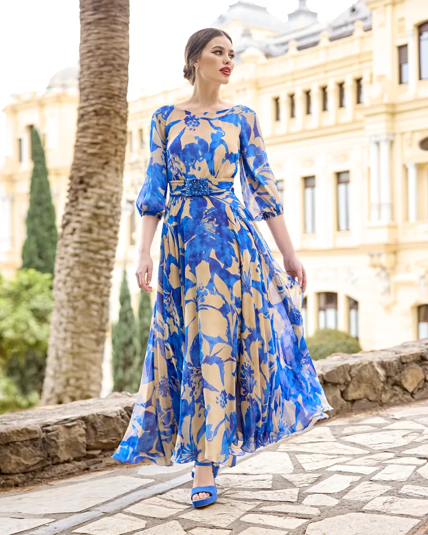 Royal Blue & Nude Chiffon A-Line Midi Occasion Dress | Sonia Peña 1250023