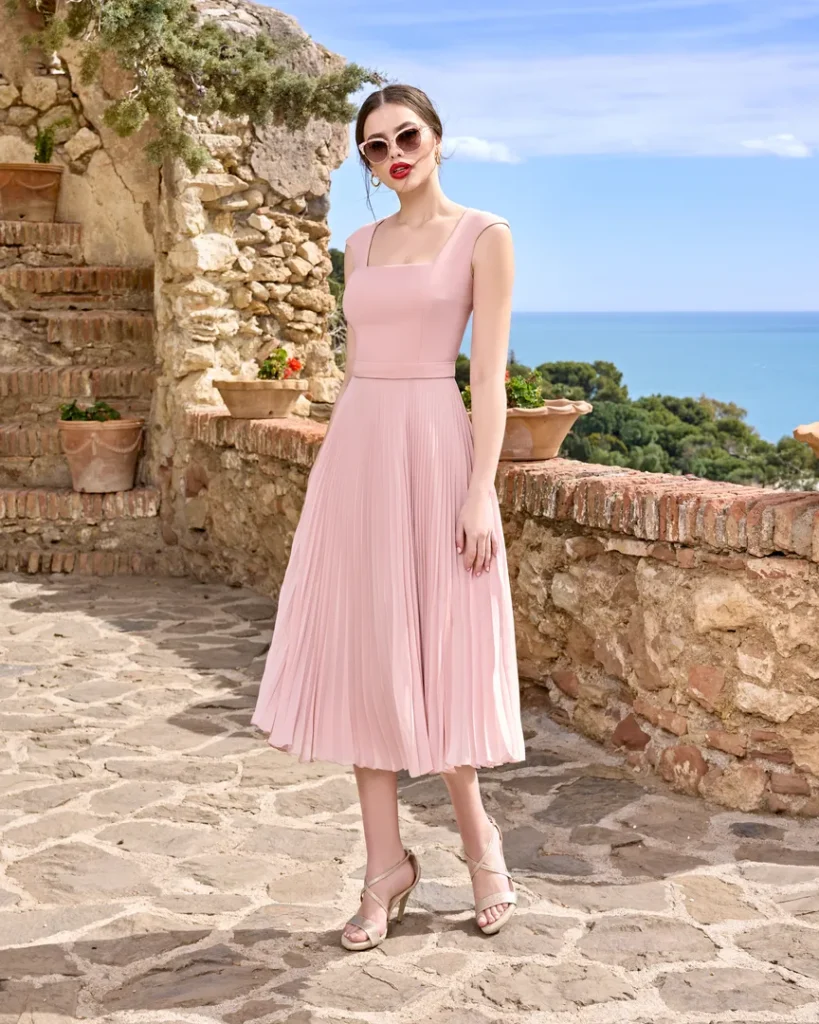 Blush Pink Belted Dress with Pleated Skirt Detail and Jacket | Sonia Peña | 1250062