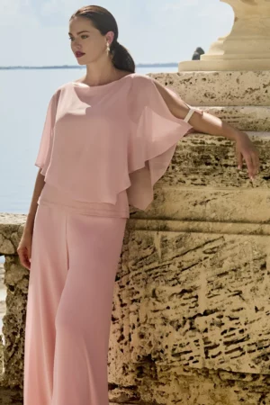 Chiffon Top with Sparkle Layer with Jersey Trouser Suit | Frank Lyman Pink
