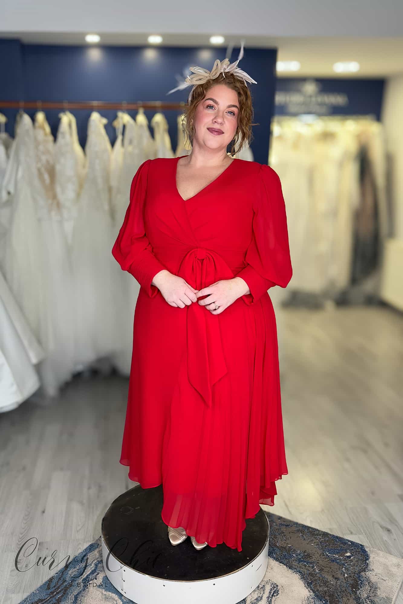 Red Veni Infantino wrap-style chiffon dress with V-neckline and self-tie bow, plus size mother of the bride dress, size 22 UK, Curvy Chic Belfast