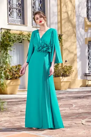 Turquoise Full Length Dress with Wrap Pleat Detail Skirt